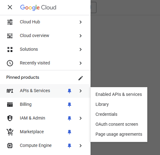 APIs &amp; Services menu