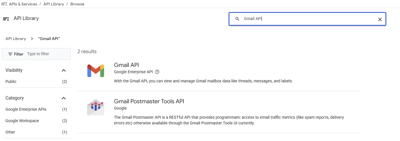 Search for Gmail API