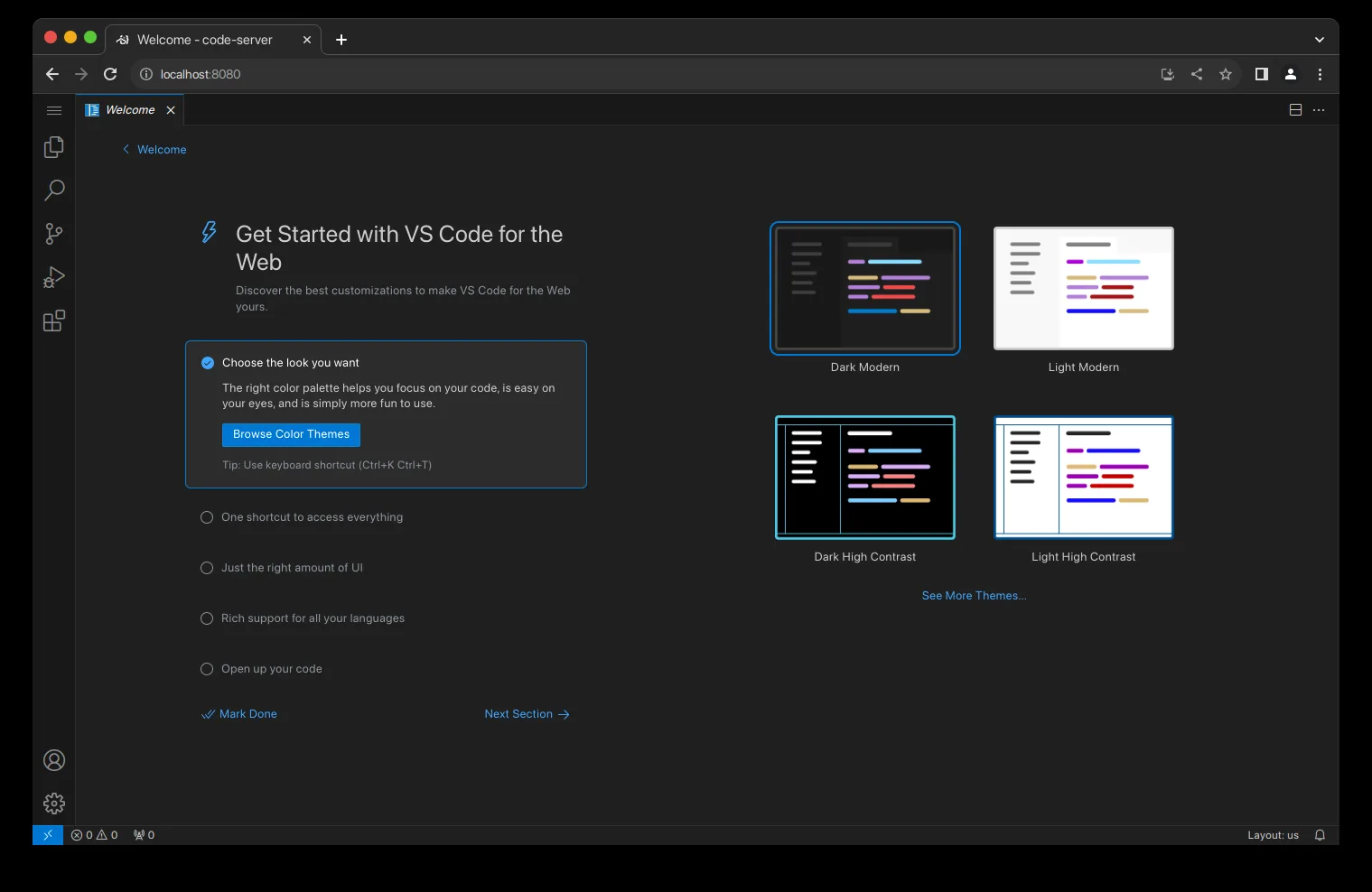 The code-server interface