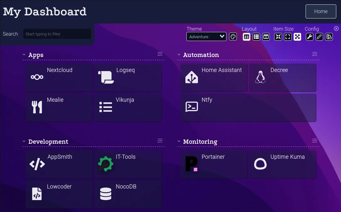 The Dashy interface